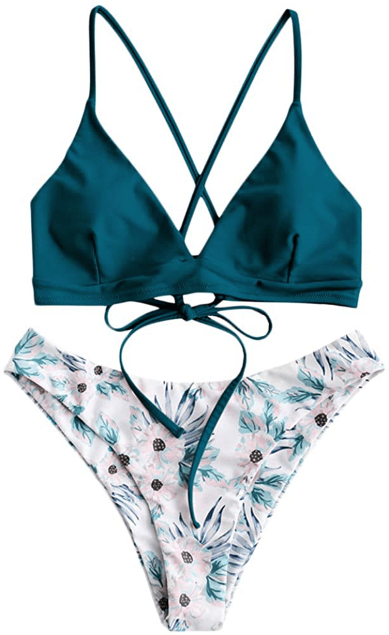 ZAFUL Women's Back Lace-up Swimsuit Flower Print Cheeky Thong Bikini Apparel & Accessories > Clothing > Swimwear ZAFUL Flower & Peacock Blue Large