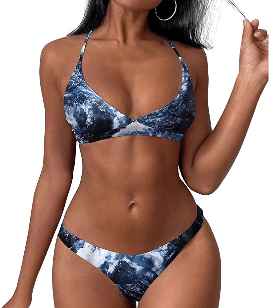 ZAFUL Women's Back Lace-up Swimsuit Flower Print Cheeky Thong Bikini Apparel & Accessories > Clothing > Swimwear ZAFUL Navy Blue-marble Small