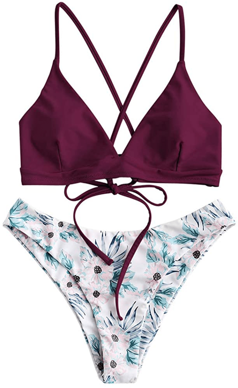 ZAFUL Women's Back Lace-up Swimsuit Flower Print Cheeky Thong Bikini Apparel & Accessories > Clothing > Swimwear ZAFUL Flower & Purplish Red Small