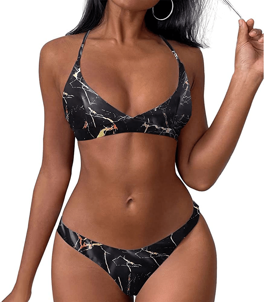 ZAFUL Women's Back Lace-up Swimsuit Flower Print Cheeky Thong Bikini Apparel & Accessories > Clothing > Swimwear ZAFUL Black-marble Medium