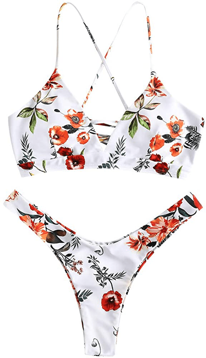 ZAFUL Women's Back Lace-up Swimsuit Flower Print Cheeky Thong Bikini Apparel & Accessories > Clothing > Swimwear ZAFUL White Small