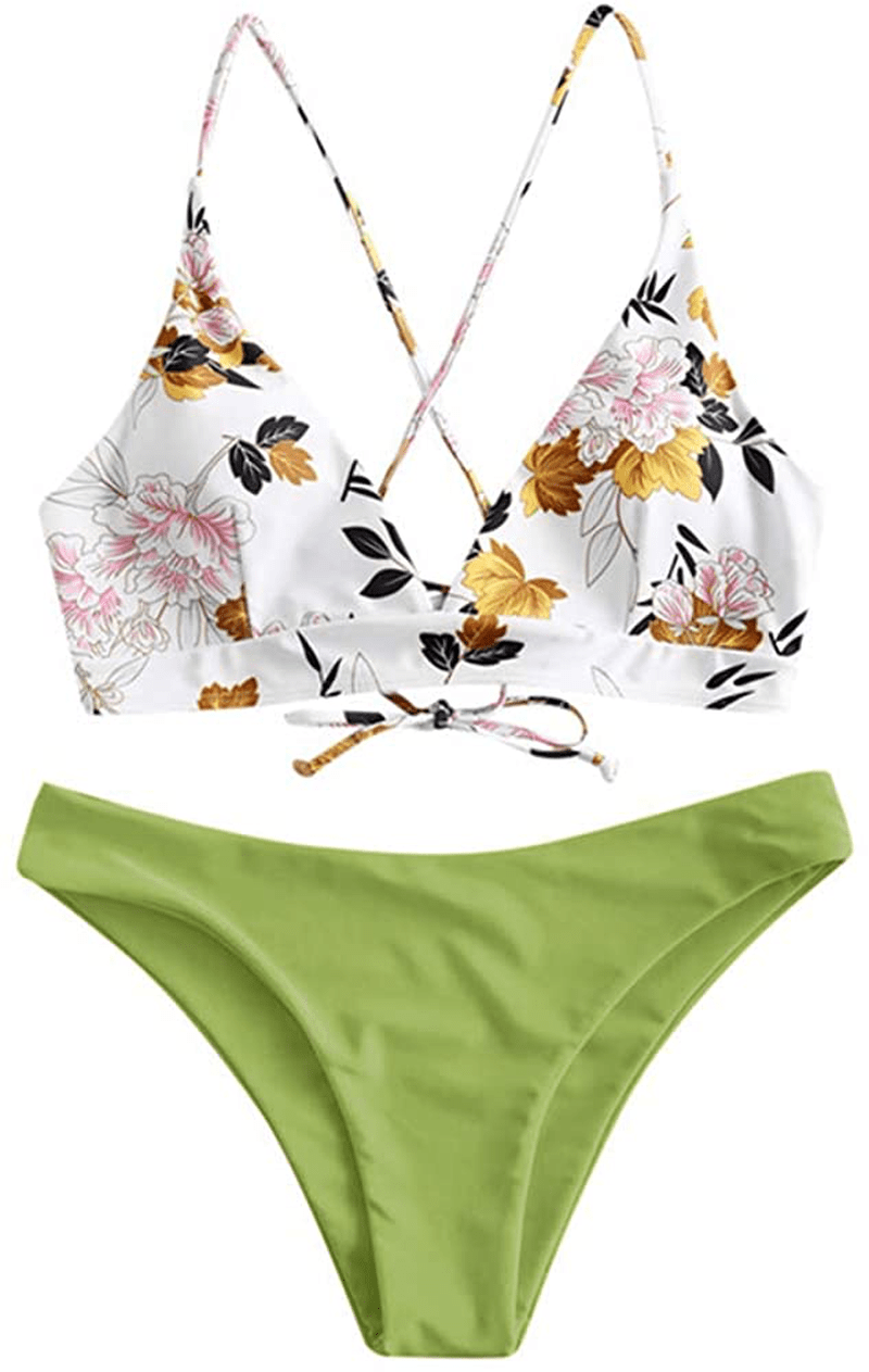 ZAFUL Women's Back Lace-up Swimsuit Flower Print Cheeky Thong Bikini Apparel & Accessories > Clothing > Swimwear ZAFUL White&light Green-flower Leaf Small