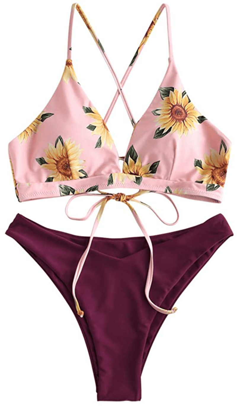 ZAFUL Women's Back Lace-up Swimsuit Flower Print Cheeky Thong Bikini Apparel & Accessories > Clothing > Swimwear ZAFUL Velvet Maroon Medium