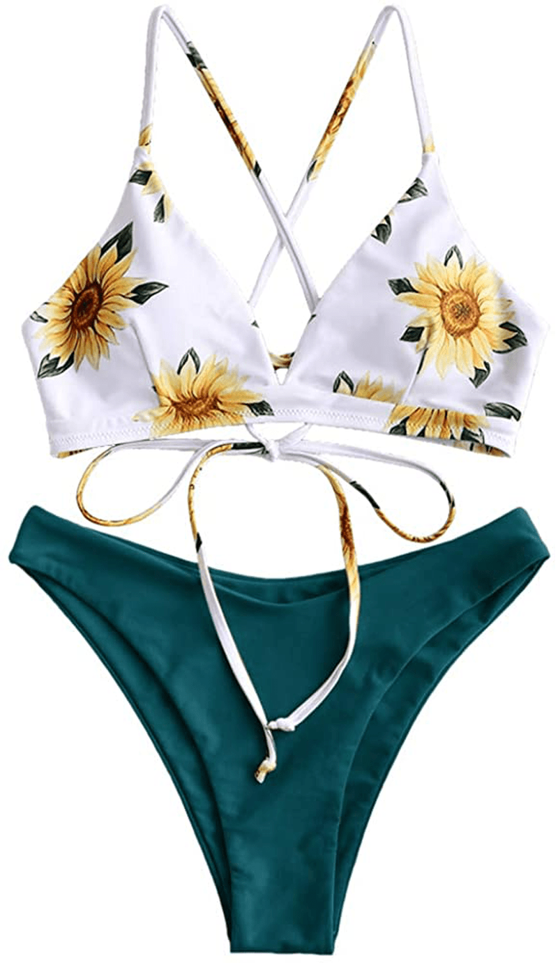 ZAFUL Women's Back Lace-up Swimsuit Flower Print Cheeky Thong Bikini Apparel & Accessories > Clothing > Swimwear ZAFUL Greenish Blue Small