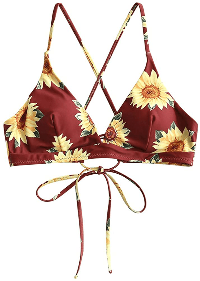 ZAFUL Women's Back Lace-up Swimsuit Flower Print Cheeky Thong Bikini Apparel & Accessories > Clothing > Swimwear ZAFUL Top Only - Sunflower & Firebrick Medium