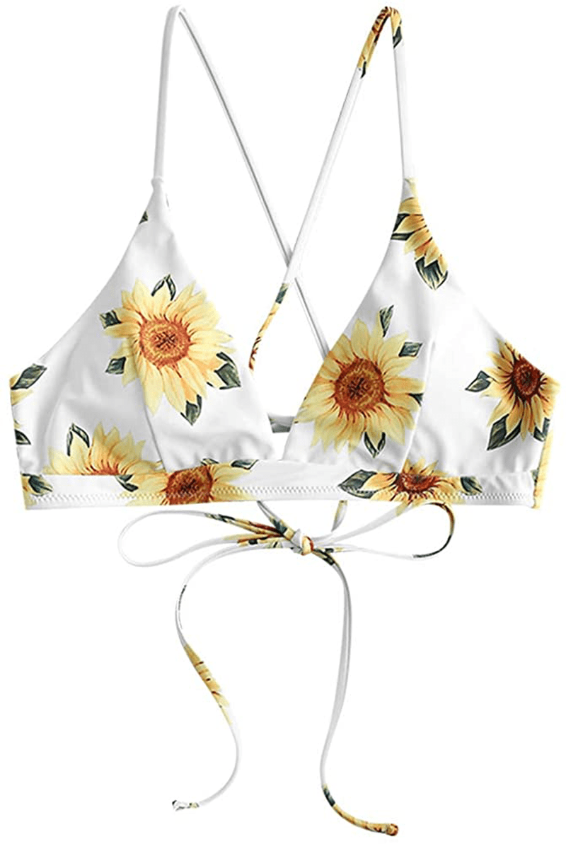 ZAFUL Women's Back Lace-up Swimsuit Flower Print Cheeky Thong Bikini Apparel & Accessories > Clothing > Swimwear ZAFUL Top Only - Sunflower & White Small