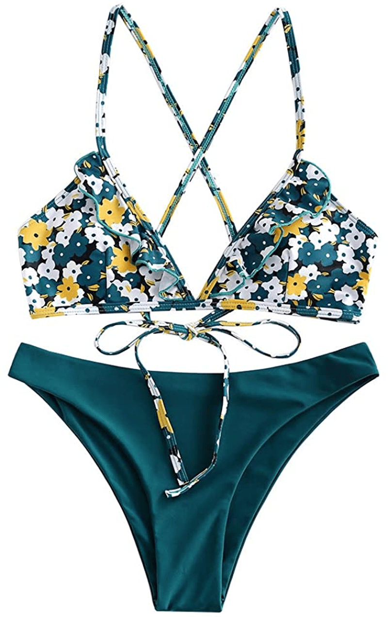 ZAFUL Women's Back Lace-up Swimsuit Flower Print Cheeky Thong Bikini Apparel & Accessories > Clothing > Swimwear ZAFUL Greenish Blue-ruffle Small