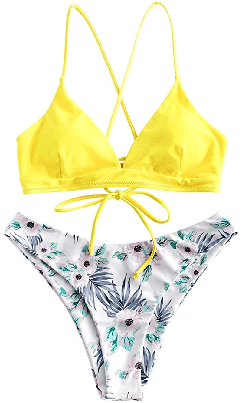 ZAFUL Women's Back Lace-up Swimsuit Flower Print Cheeky Thong Bikini Apparel & Accessories > Clothing > Swimwear ZAFUL Flower & Yellow Small