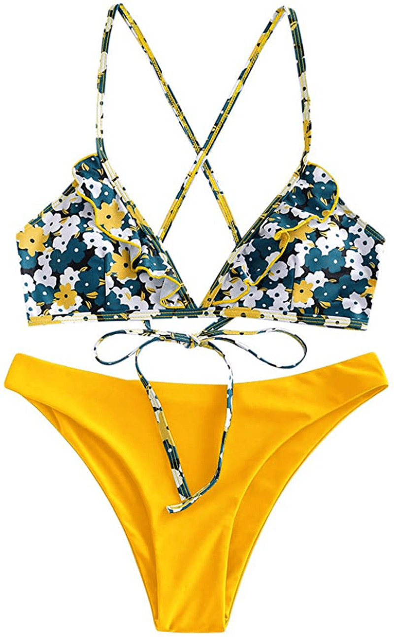 ZAFUL Women's Back Lace-up Swimsuit Flower Print Cheeky Thong Bikini Apparel & Accessories > Clothing > Swimwear ZAFUL Yellow-ruffle Small