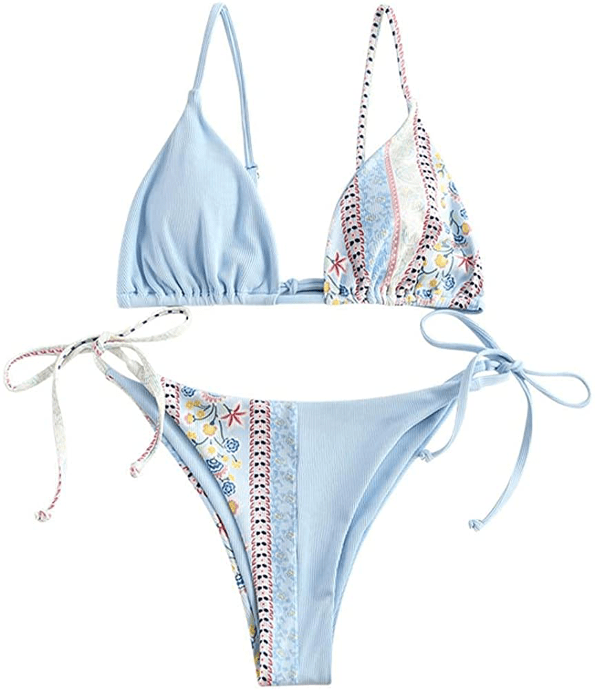 ZAFUL Women's Bohemian Swimsuit Strappy Tie Side 2 Piece Bikini Set Triangle Cheeky String Brazilian Swimwear Apparel & Accessories > Clothing > Swimwear ZAFUL Blue-003 Medium