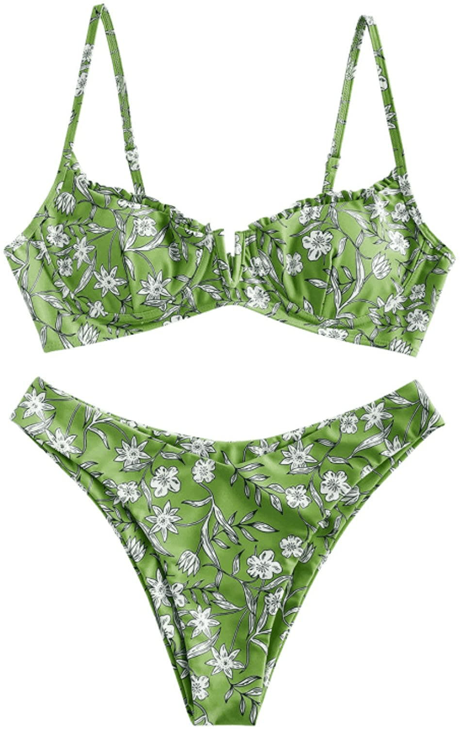 ZAFUL Women’s Floral Print Push-up V-Wire Lettuce Bikini Set High Cut Spaghetti Straps Underwire Padded Swimsuit Apparel & Accessories > Clothing > Swimwear ZAFUL Green Small