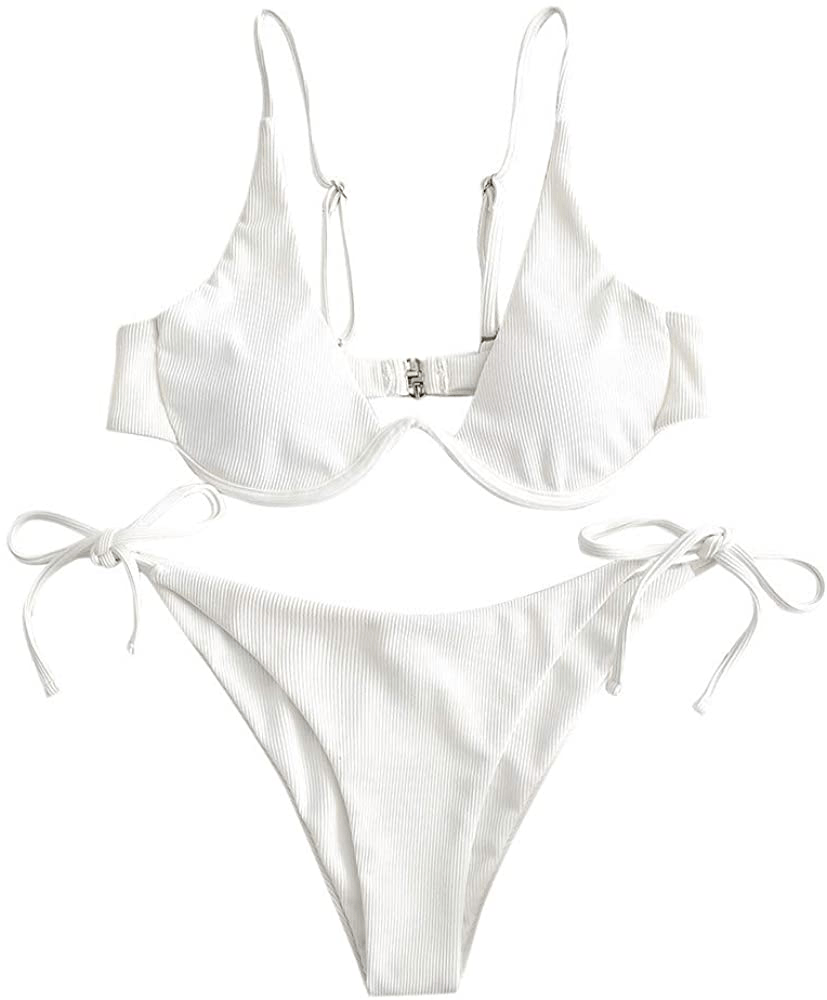 ZAFUL Women’s Floral Print Push-up V-Wire Lettuce Bikini Set High Cut Spaghetti Straps Underwire Padded Swimsuit Apparel & Accessories > Clothing > Swimwear ZAFUL White Medium