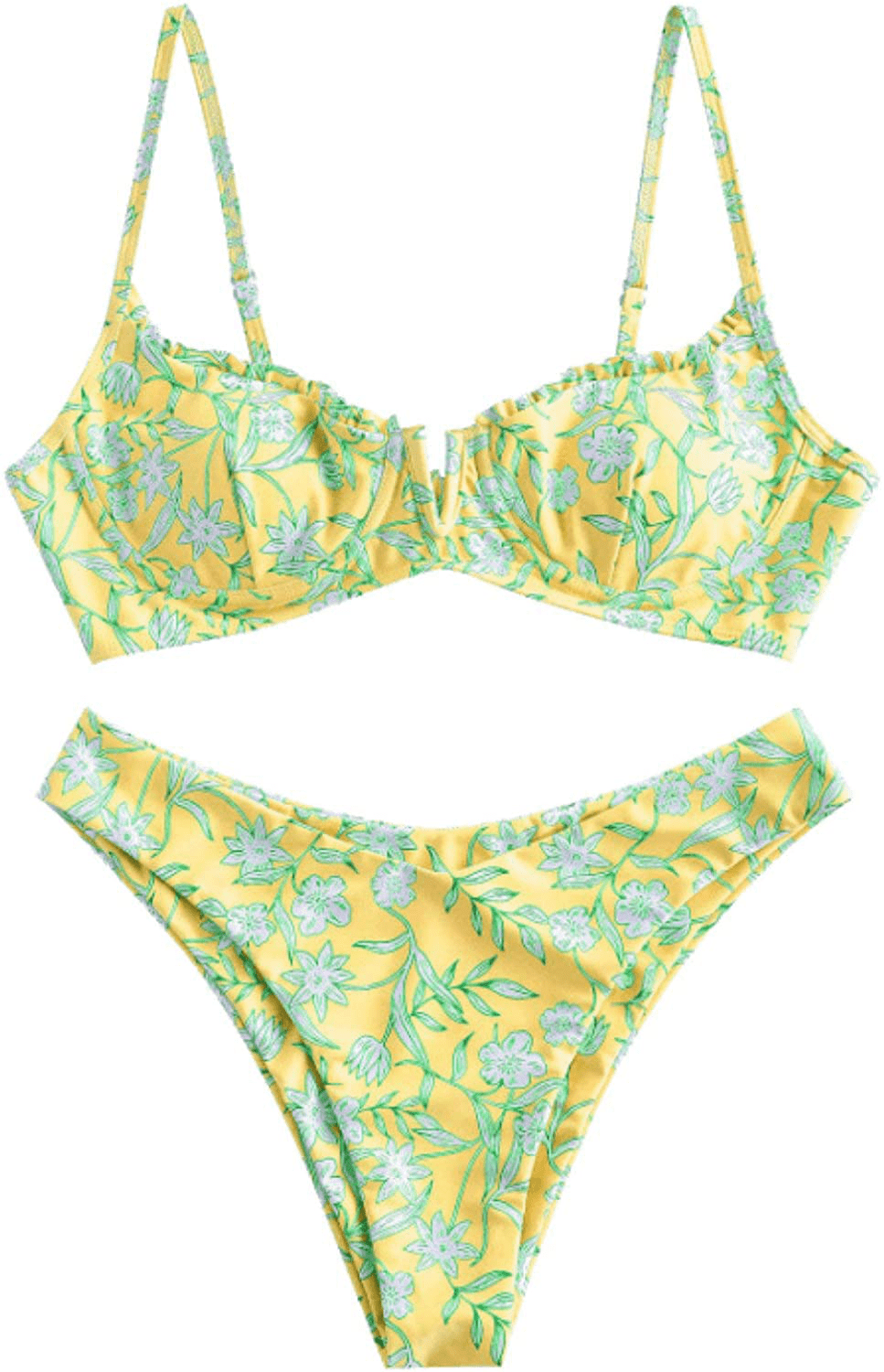 ZAFUL Women’s Floral Print Push-up V-Wire Lettuce Bikini Set High Cut Spaghetti Straps Underwire Padded Swimsuit Apparel & Accessories > Clothing > Swimwear ZAFUL Yellow Small