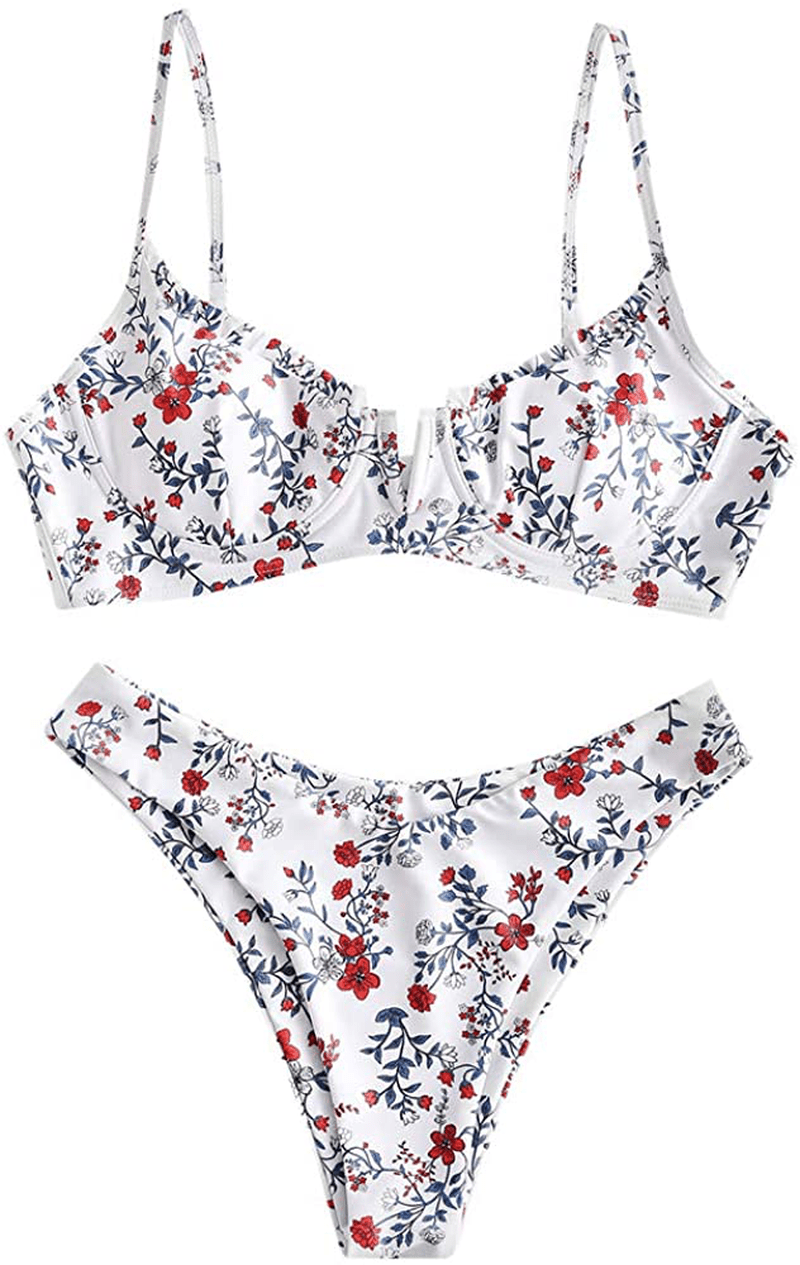 ZAFUL Women’s Floral Print Push-up V-Wire Lettuce Bikini Set High Cut Spaghetti Straps Underwire Padded Swimsuit Apparel & Accessories > Clothing > Swimwear ZAFUL White-floral Small
