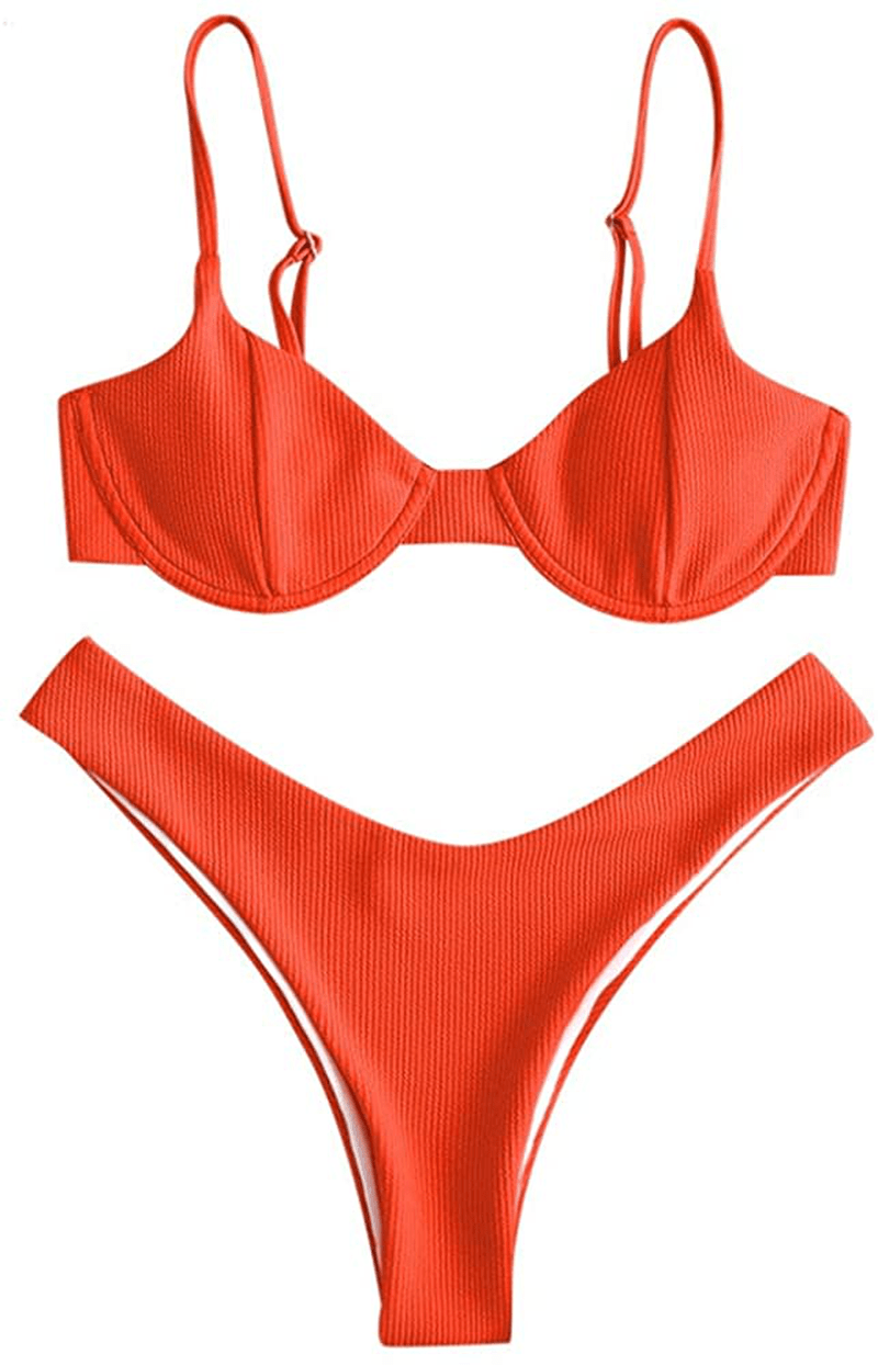 ZAFUL Women’s Floral Print Push-up V-Wire Lettuce Bikini Set High Cut Spaghetti Straps Underwire Padded Swimsuit Apparel & Accessories > Clothing > Swimwear ZAFUL Orange Small