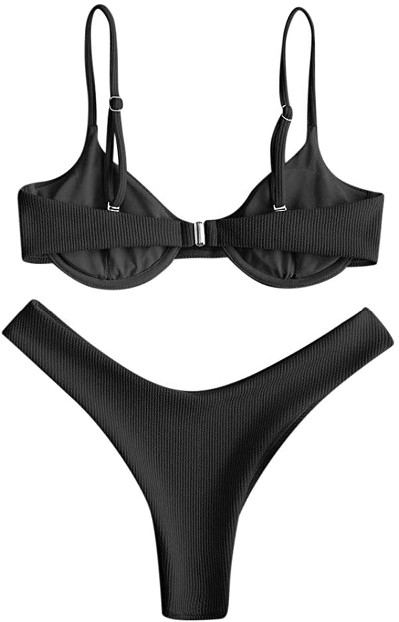 ZAFUL Women’s Floral Print Push-up V-Wire Lettuce Bikini Set High Cut Spaghetti Straps Underwire Padded Swimsuit Apparel & Accessories > Clothing > Swimwear ZAFUL