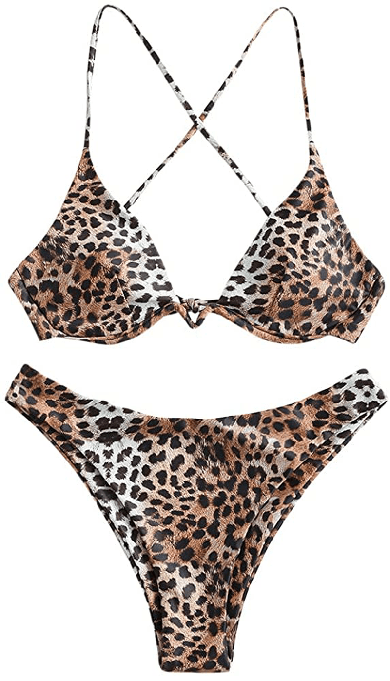 ZAFUL Women’s Floral Print Push-up V-Wire Lettuce Bikini Set High Cut Spaghetti Straps Underwire Padded Swimsuit Apparel & Accessories > Clothing > Swimwear ZAFUL Leopard Small
