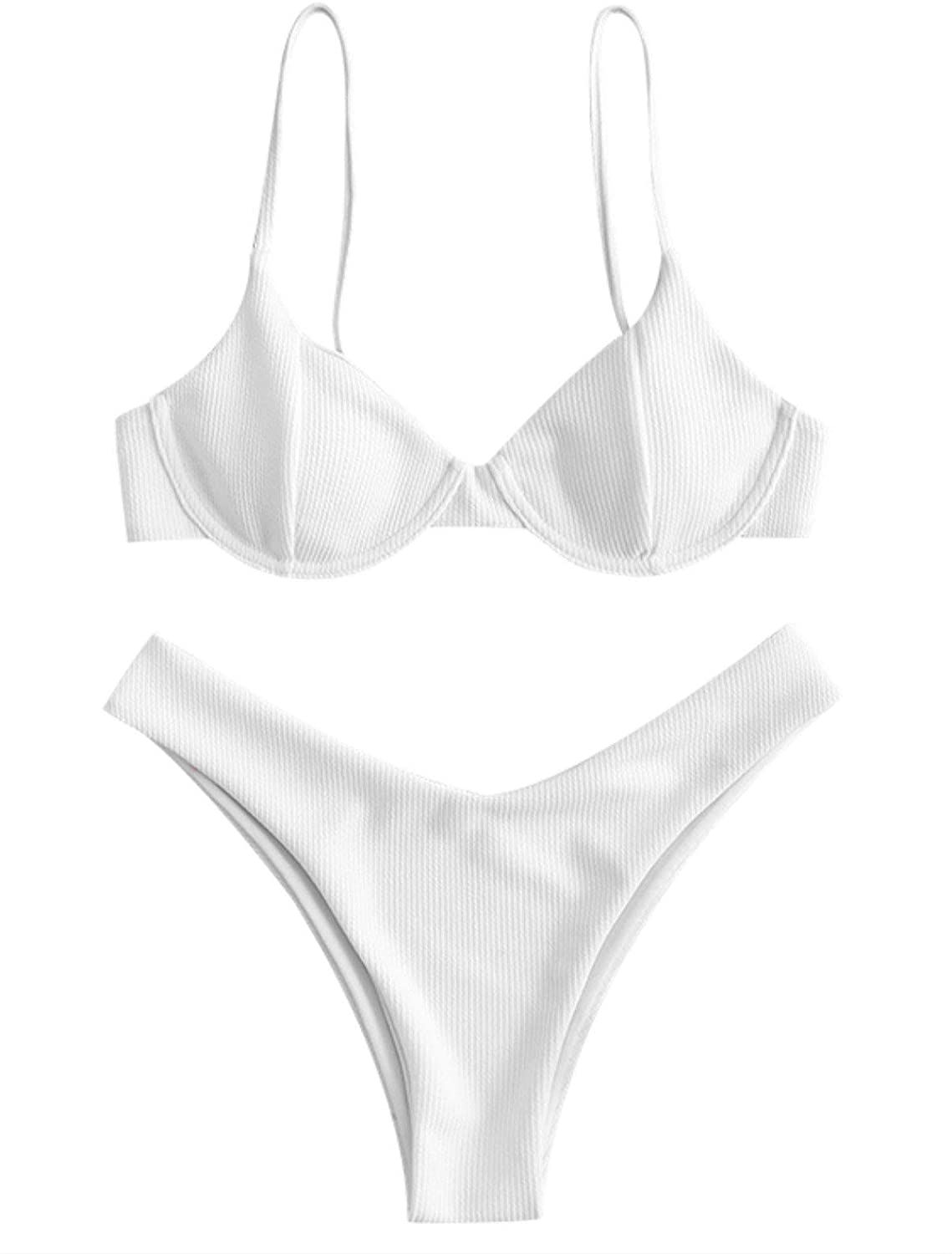 ZAFUL Women’s Floral Print Push-up V-Wire Lettuce Bikini Set High Cut Spaghetti Straps Underwire Padded Swimsuit Apparel & Accessories > Clothing > Swimwear ZAFUL White 1 Medium