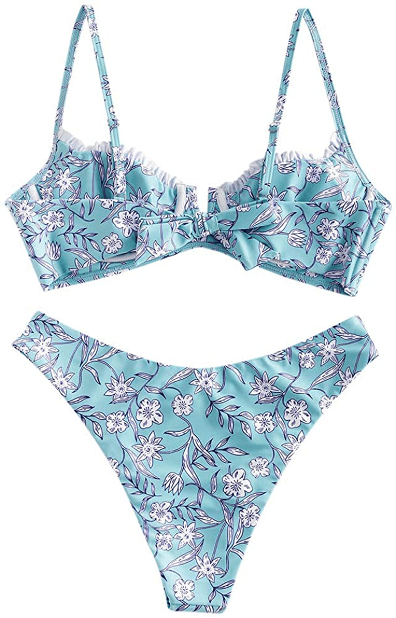 ZAFUL Women’s Floral Print Push-up V-Wire Lettuce Bikini Set High Cut Spaghetti Straps Underwire Padded Swimsuit Apparel & Accessories > Clothing > Swimwear ZAFUL