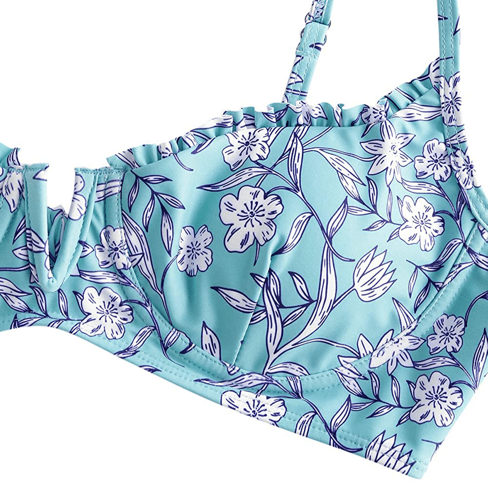 ZAFUL Women’s Floral Print Push-up V-Wire Lettuce Bikini Set High Cut Spaghetti Straps Underwire Padded Swimsuit Apparel & Accessories > Clothing > Swimwear ZAFUL