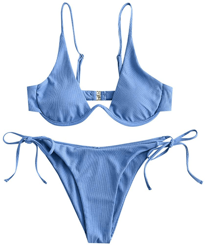 ZAFUL Women’s Floral Print Push-up V-Wire Lettuce Bikini Set High Cut Spaghetti Straps Underwire Padded Swimsuit Apparel & Accessories > Clothing > Swimwear ZAFUL Silk Blue Large