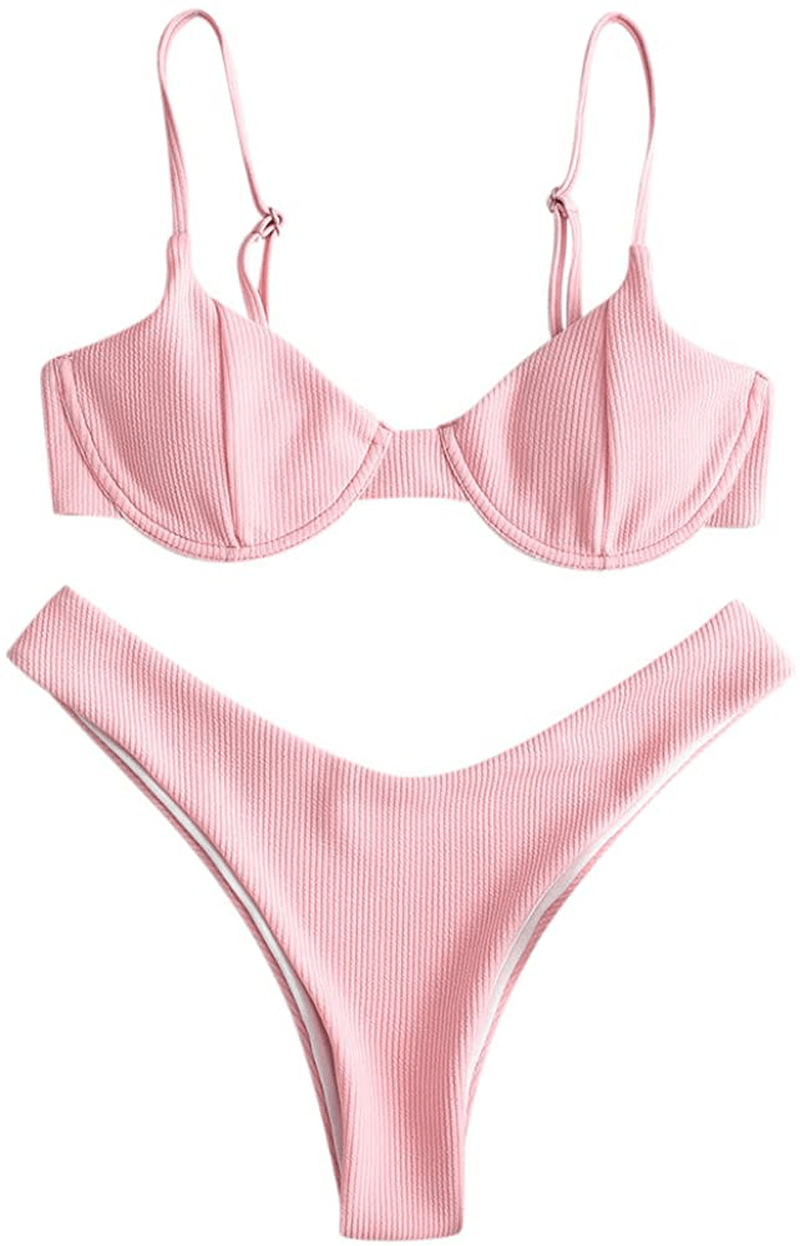 ZAFUL Women’s Floral Print Push-up V-Wire Lettuce Bikini Set High Cut Spaghetti Straps Underwire Padded Swimsuit Apparel & Accessories > Clothing > Swimwear ZAFUL Pig Pink Medium