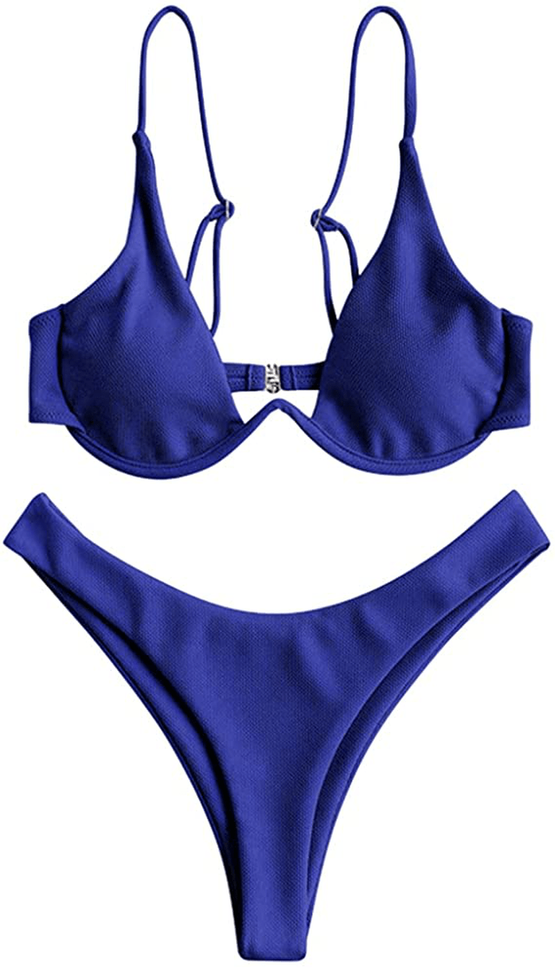 ZAFUL Women’s Floral Print Push-up V-Wire Lettuce Bikini Set High Cut Spaghetti Straps Underwire Padded Swimsuit Apparel & Accessories > Clothing > Swimwear ZAFUL Blueberry Blue Small