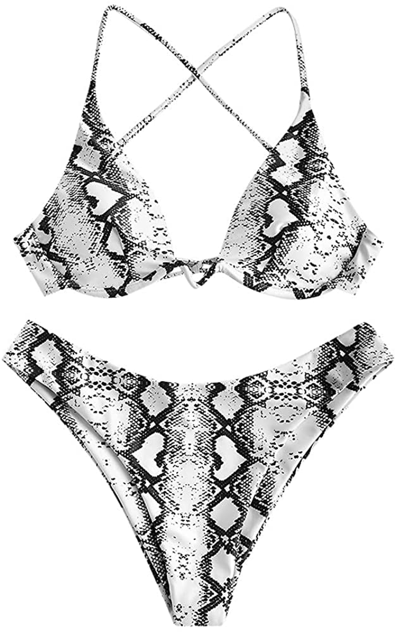 ZAFUL Women’s Floral Print Push-up V-Wire Lettuce Bikini Set High Cut Spaghetti Straps Underwire Padded Swimsuit Apparel & Accessories > Clothing > Swimwear ZAFUL White-a Medium