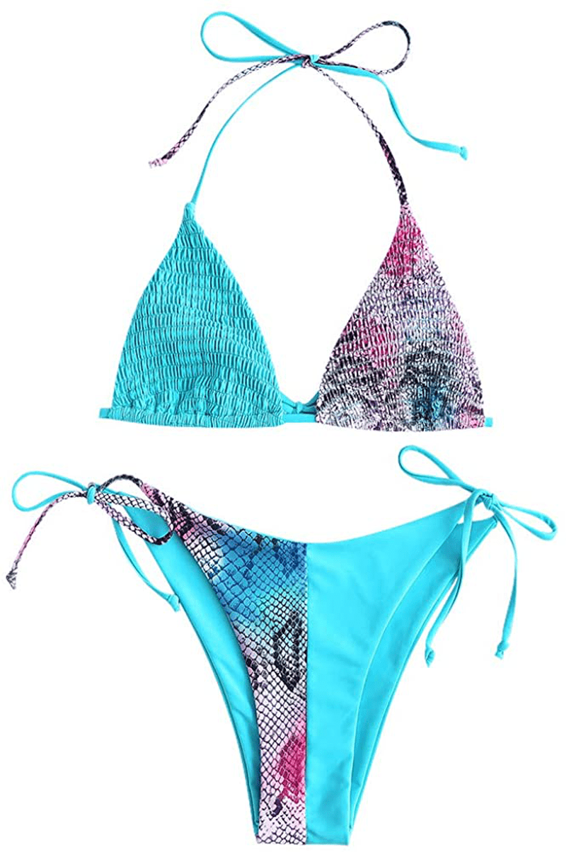 ZAFUL Women's Halter Neck Tie Side String Triangle Bikini Set Two Piece Swimsuit Apparel & Accessories > Clothing > Swimwear ZAFUL Leopard-celeste Medium