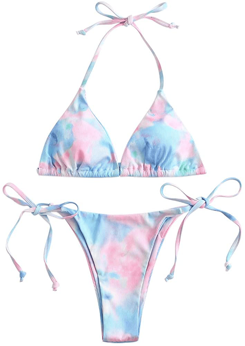 ZAFUL Women's Halter Neck Tie Side String Triangle Bikini Set Two Piece Swimsuit Apparel & Accessories > Clothing > Swimwear ZAFUL Tie Dye-light Blue Large