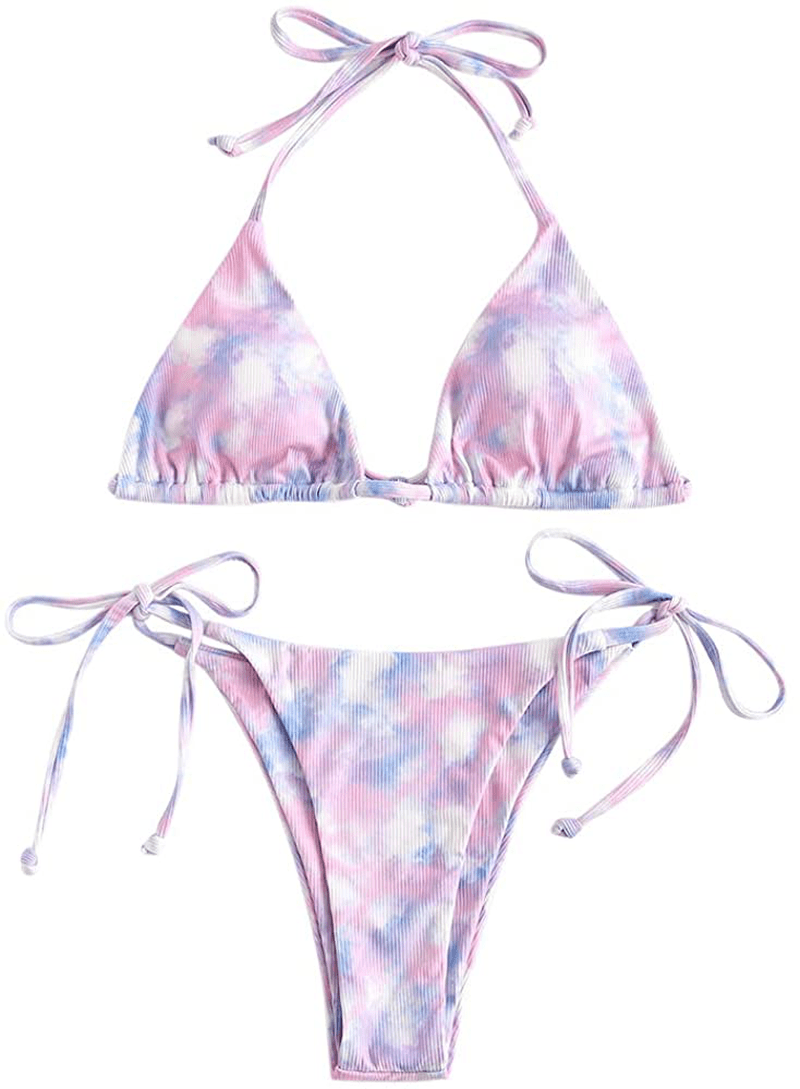 ZAFUL Women's Halter Neck Tie Side String Triangle Bikini Set Two Piece Swimsuit Apparel & Accessories > Clothing > Swimwear ZAFUL Tie Dye-light Purple Medium
