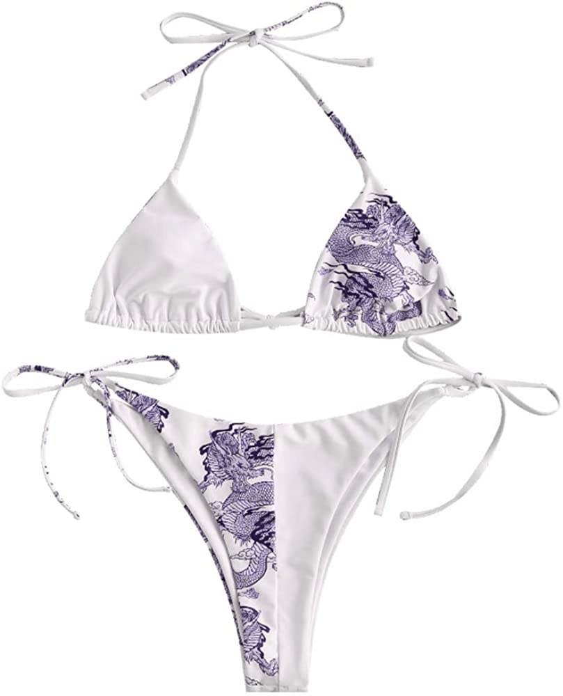 ZAFUL Women's Halter Neck Tie Side String Triangle Bikini Set Two Piece Swimsuit Apparel & Accessories > Clothing > Swimwear ZAFUL Dragon-white Purple Large