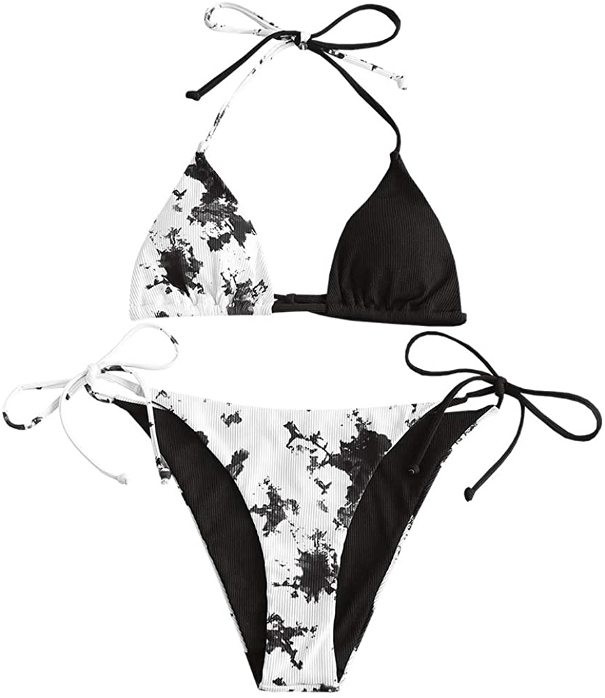 ZAFUL Women's Halter Neck Tie Side String Triangle Bikini Set Two Piece Swimsuit Apparel & Accessories > Clothing > Swimwear ZAFUL Ribbed-black Small