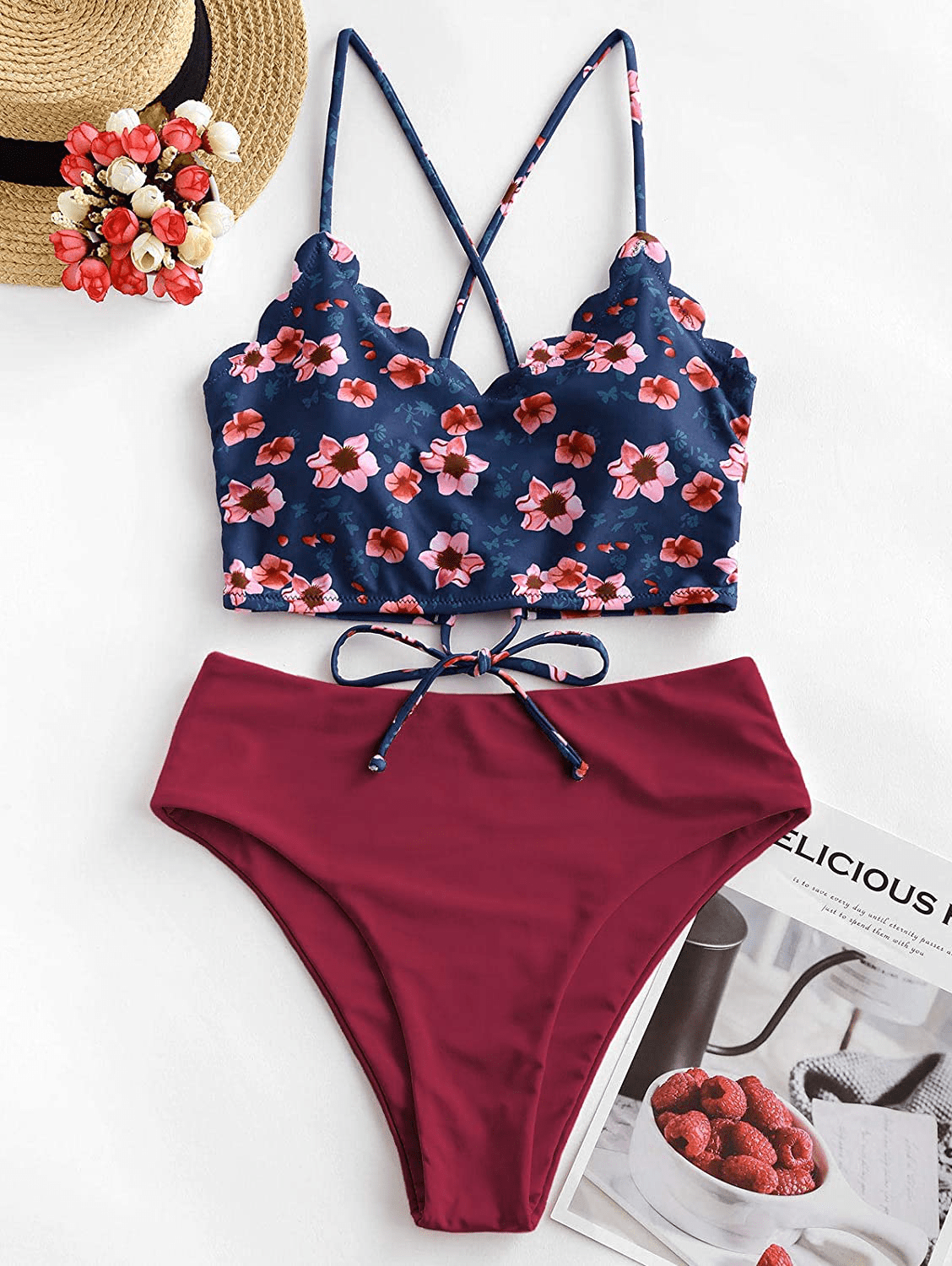ZAFUL Women's High Waisted Wide Strap Adjustable Back Lace-up Bikini Set Swimsuit Apparel & Accessories > Clothing > Swimwear ZAFUL