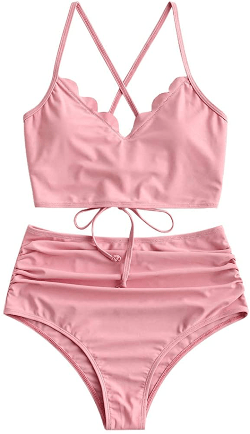 ZAFUL Women's High Waisted Wide Strap Adjustable Back Lace-up Bikini Set Swimsuit Apparel & Accessories > Clothing > Swimwear ZAFUL Rose-ruched XX-Large