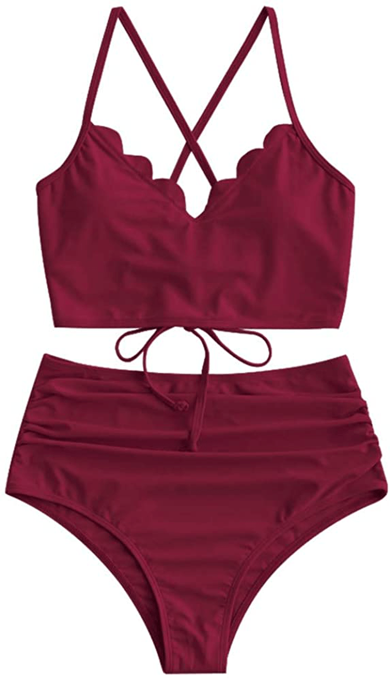 ZAFUL Women's High Waisted Wide Strap Adjustable Back Lace-up Bikini Set Swimsuit Apparel & Accessories > Clothing > Swimwear ZAFUL Red Wine-ruched Medium