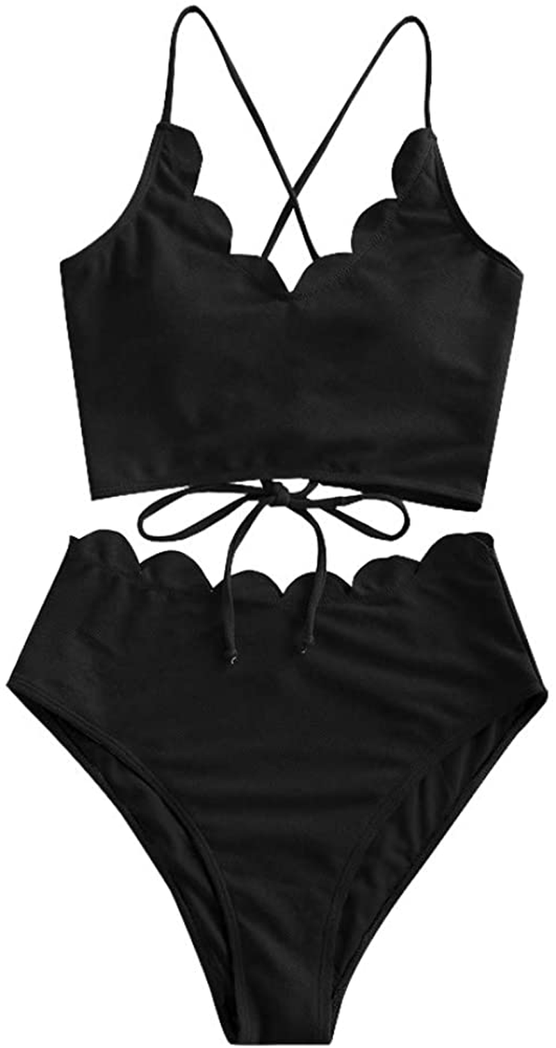 ZAFUL Women's High Waisted Wide Strap Adjustable Back Lace-up Bikini Set Swimsuit Apparel & Accessories > Clothing > Swimwear ZAFUL Black-a Small