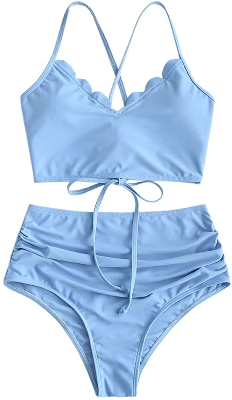 ZAFUL Women's High Waisted Wide Strap Adjustable Back Lace-up Bikini Set Swimsuit Apparel & Accessories > Clothing > Swimwear ZAFUL Light Blue-ruched Medium
