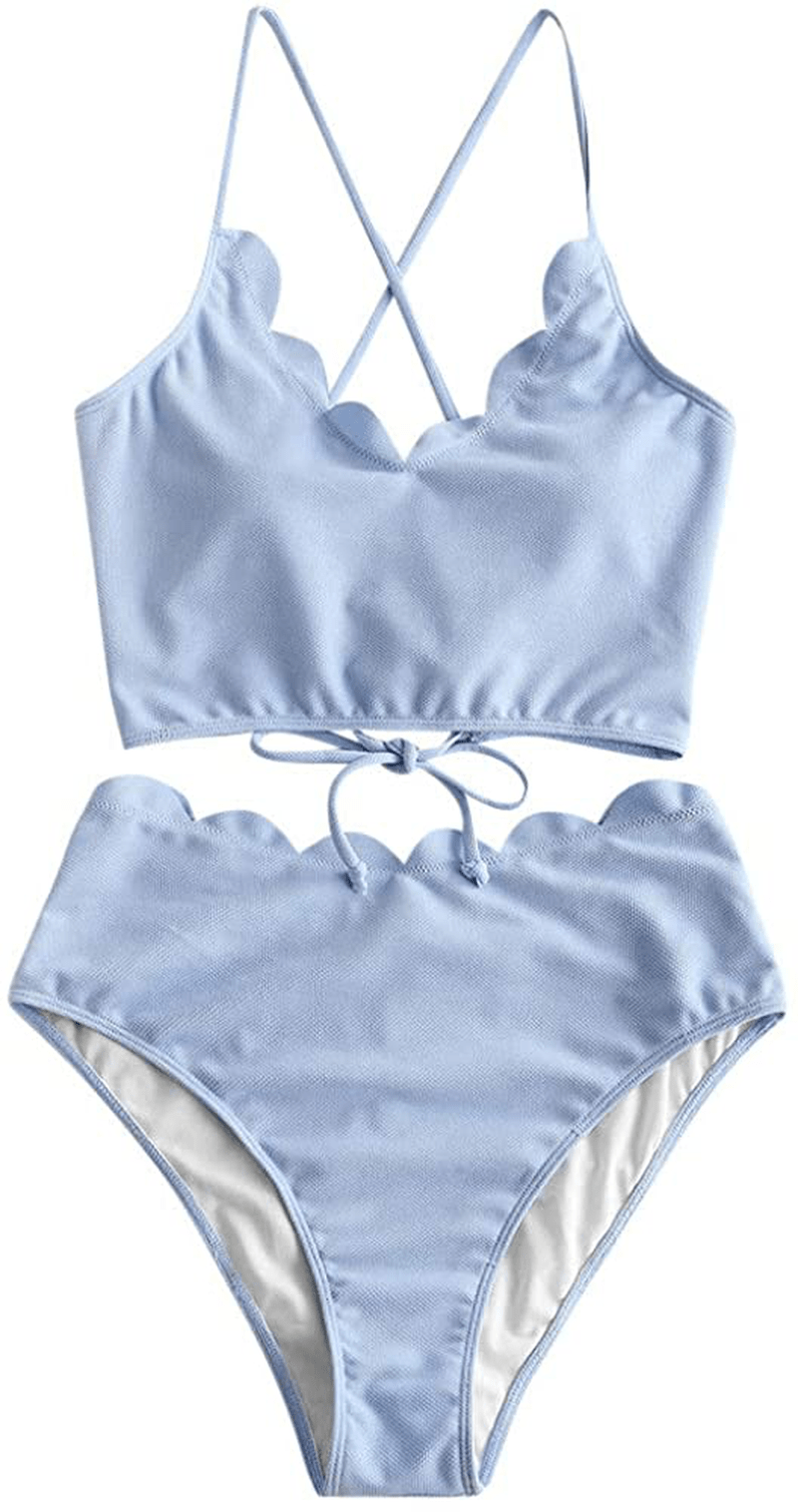 ZAFUL Women's High Waisted Wide Strap Adjustable Back Lace-up Bikini Set Swimsuit Apparel & Accessories > Clothing > Swimwear ZAFUL Light Sky Blue-a Medium