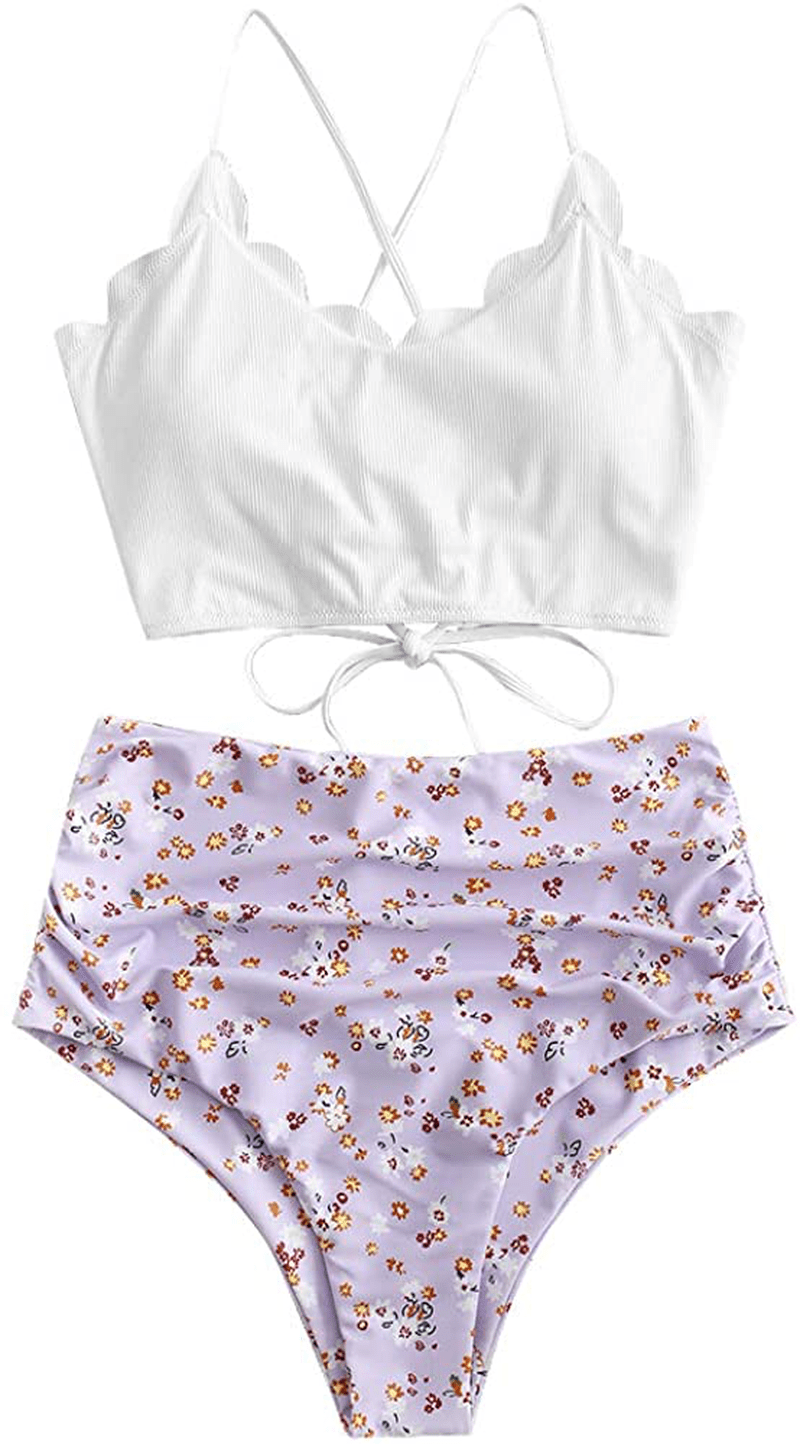 ZAFUL Women's High Waisted Wide Strap Adjustable Back Lace-up Bikini Set Swimsuit Apparel & Accessories > Clothing > Swimwear ZAFUL White&light Purple-flower Large