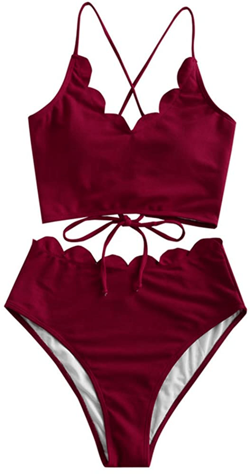 ZAFUL Women's High Waisted Wide Strap Adjustable Back Lace-up Bikini Set Swimsuit Apparel & Accessories > Clothing > Swimwear ZAFUL Ruby Red-a Small