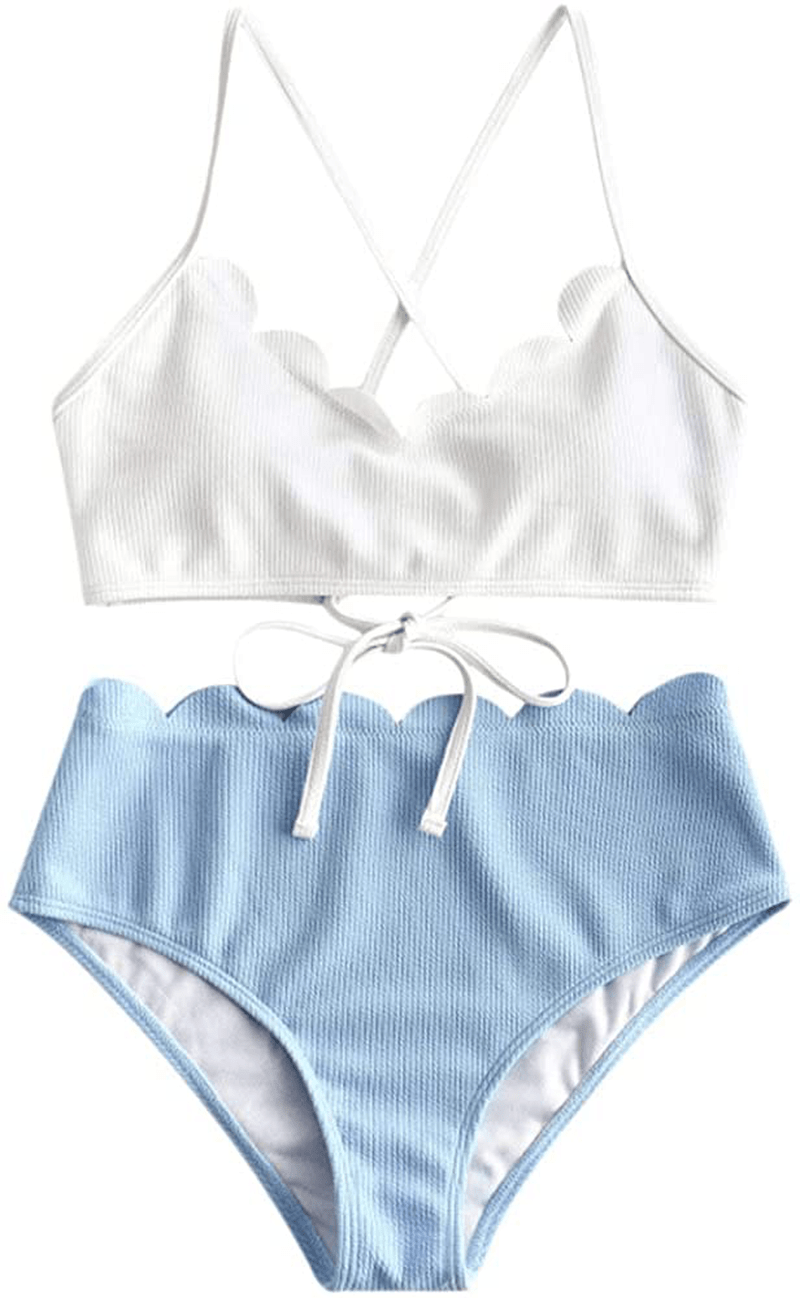 ZAFUL Women's High Waisted Wide Strap Adjustable Back Lace-up Bikini Set Swimsuit Apparel & Accessories > Clothing > Swimwear ZAFUL White & Light Blue Large
