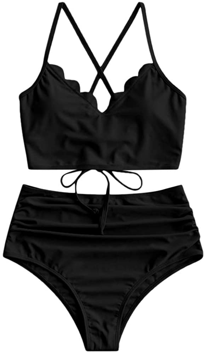 ZAFUL Women's High Waisted Wide Strap Adjustable Back Lace-up Bikini Set Swimsuit Apparel & Accessories > Clothing > Swimwear ZAFUL Black-ruched X-Large