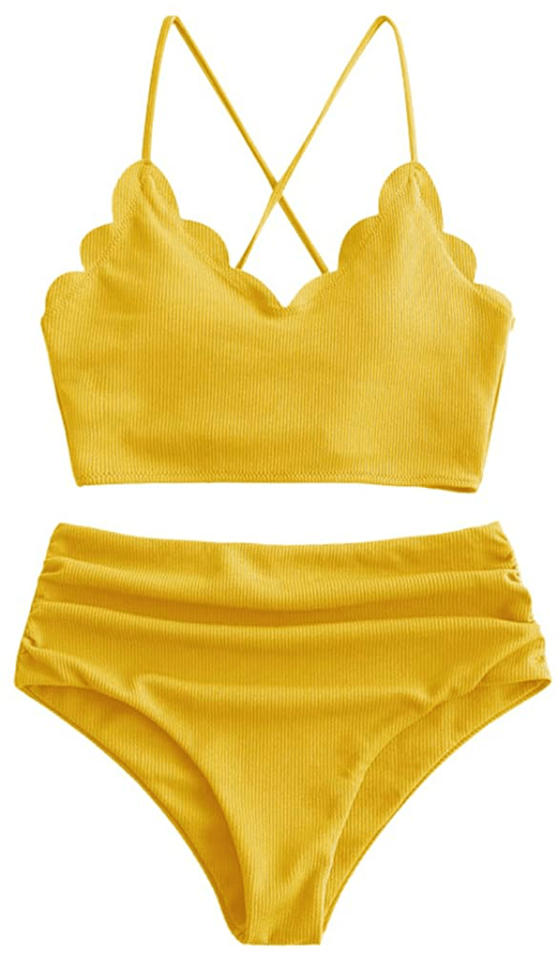 ZAFUL Women's High Waisted Wide Strap Adjustable Back Lace-up Bikini Set Swimsuit Apparel & Accessories > Clothing > Swimwear ZAFUL Rubber Ducky Yellow-b Medium
