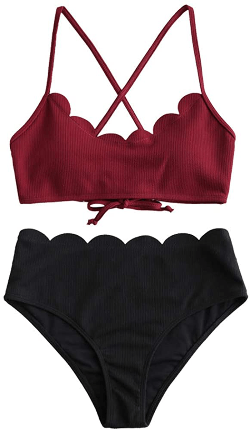 ZAFUL Women's High Waisted Wide Strap Adjustable Back Lace-up Bikini Set Swimsuit Apparel & Accessories > Clothing > Swimwear ZAFUL Red Wine& Black Small