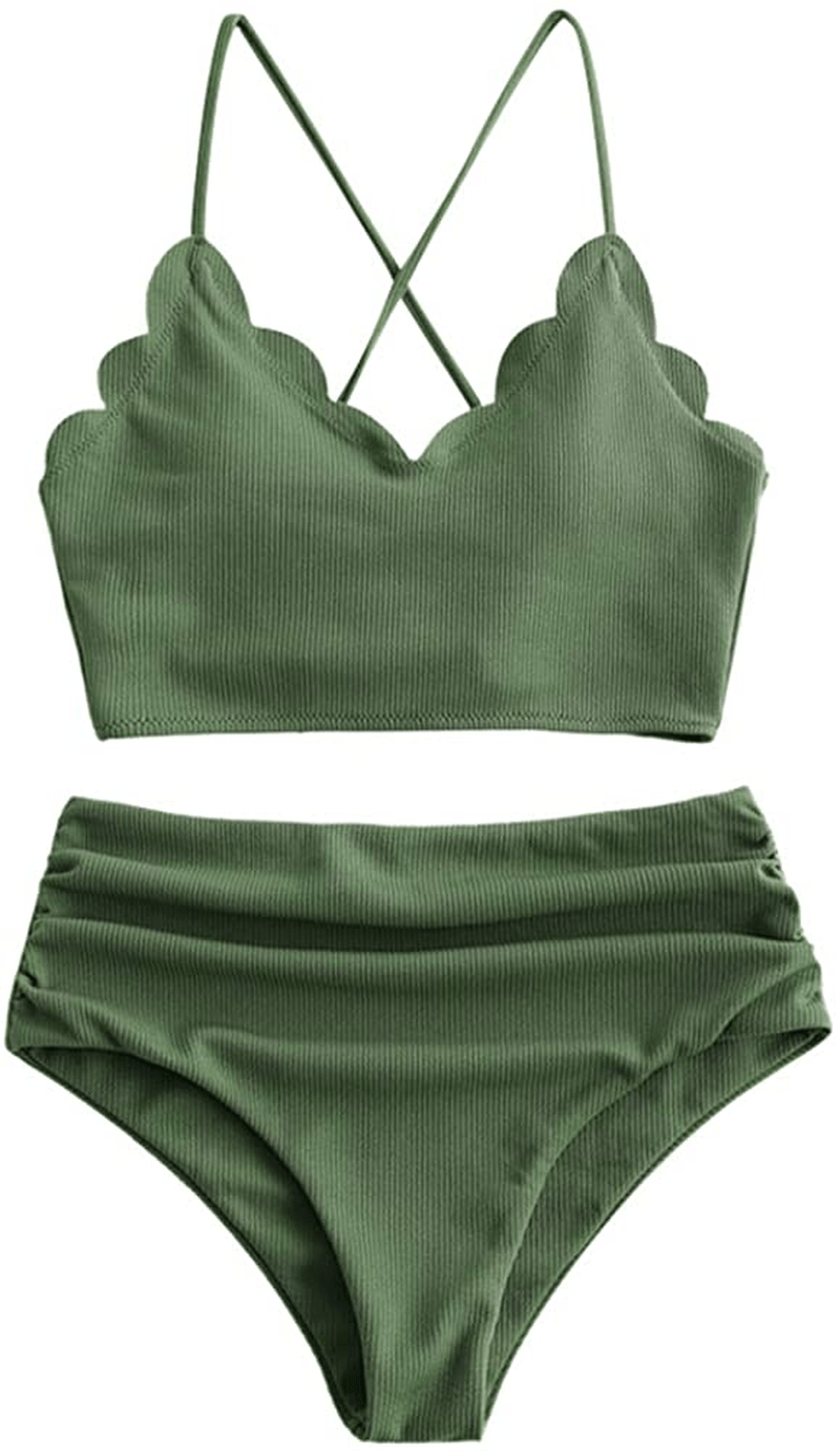 ZAFUL Women's High Waisted Wide Strap Adjustable Back Lace-up Bikini Set Swimsuit Apparel & Accessories > Clothing > Swimwear ZAFUL Medium Forest Green-b XX-Large