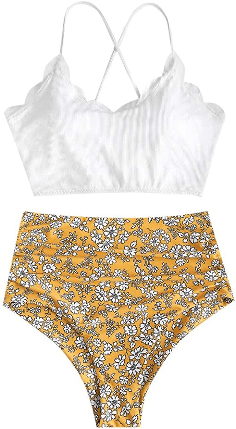 ZAFUL Women's High Waisted Wide Strap Adjustable Back Lace-up Bikini Set Swimsuit Apparel & Accessories > Clothing > Swimwear ZAFUL White&yellow-flower Medium