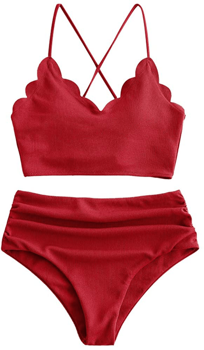 ZAFUL Women's High Waisted Wide Strap Adjustable Back Lace-up Bikini Set Swimsuit Apparel & Accessories > Clothing > Swimwear ZAFUL Red-b Medium