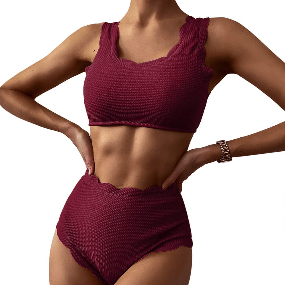 ZAFUL Women's High Waisted Wide Strap Adjustable Back Lace-up Bikini Set Swimsuit Apparel & Accessories > Clothing > Swimwear ZAFUL Red Wine Large