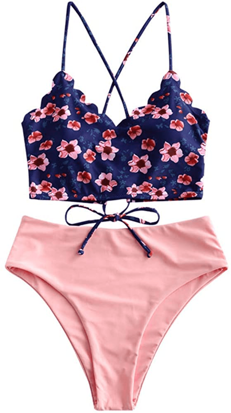 ZAFUL Women's High Waisted Wide Strap Adjustable Back Lace-up Bikini Set Swimsuit Apparel & Accessories > Clothing > Swimwear ZAFUL Blue&pink-floral X-Large